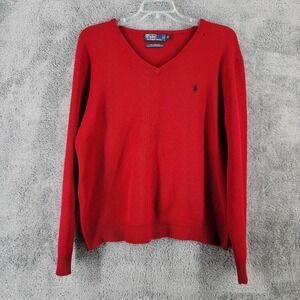 Polo Ralph Lauren Sweater Womens XL Red 100% Lambs Wool V-Neck Pony 90s Vintage